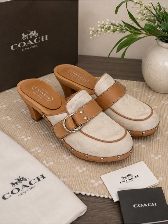 Coach Shoes - Coach Raina Signature Jacquard Wooden Clogs Mules Tan White Size 7